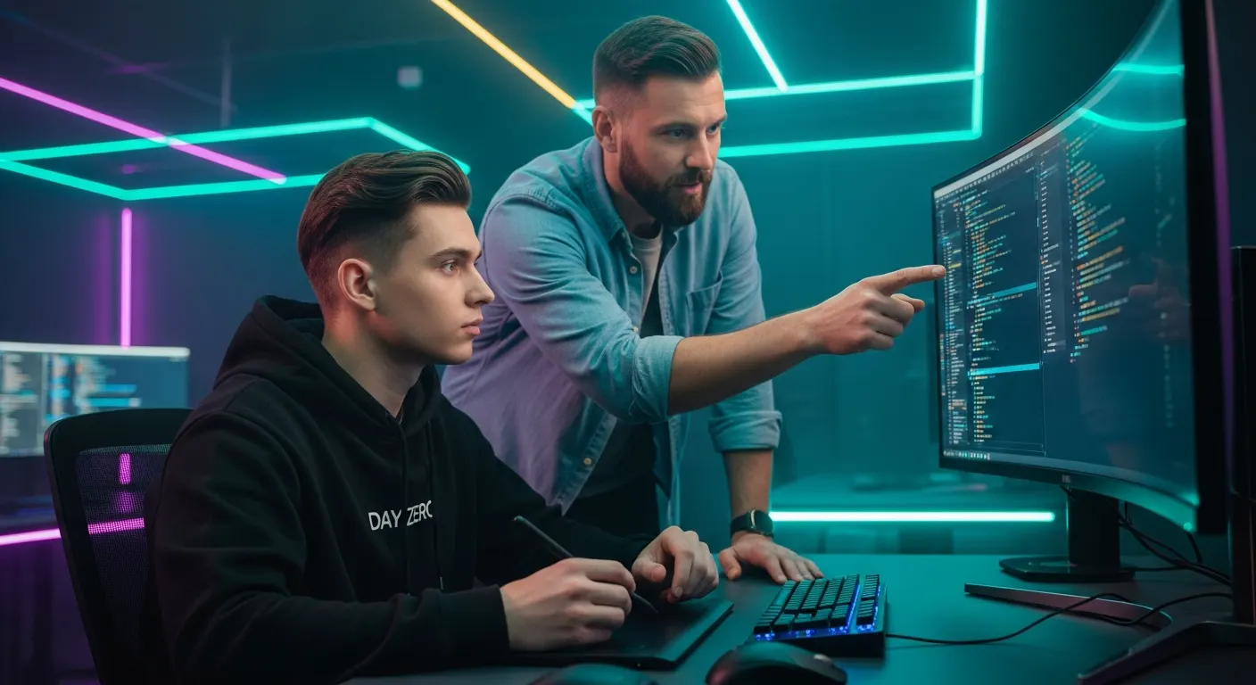A mentor guiding a learner at a workstation